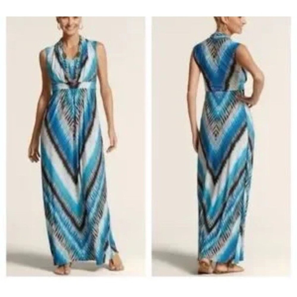 Chicos Maxi Dress 1 8 10 Medium Blue Brown White Washable Stretch $129 NEW